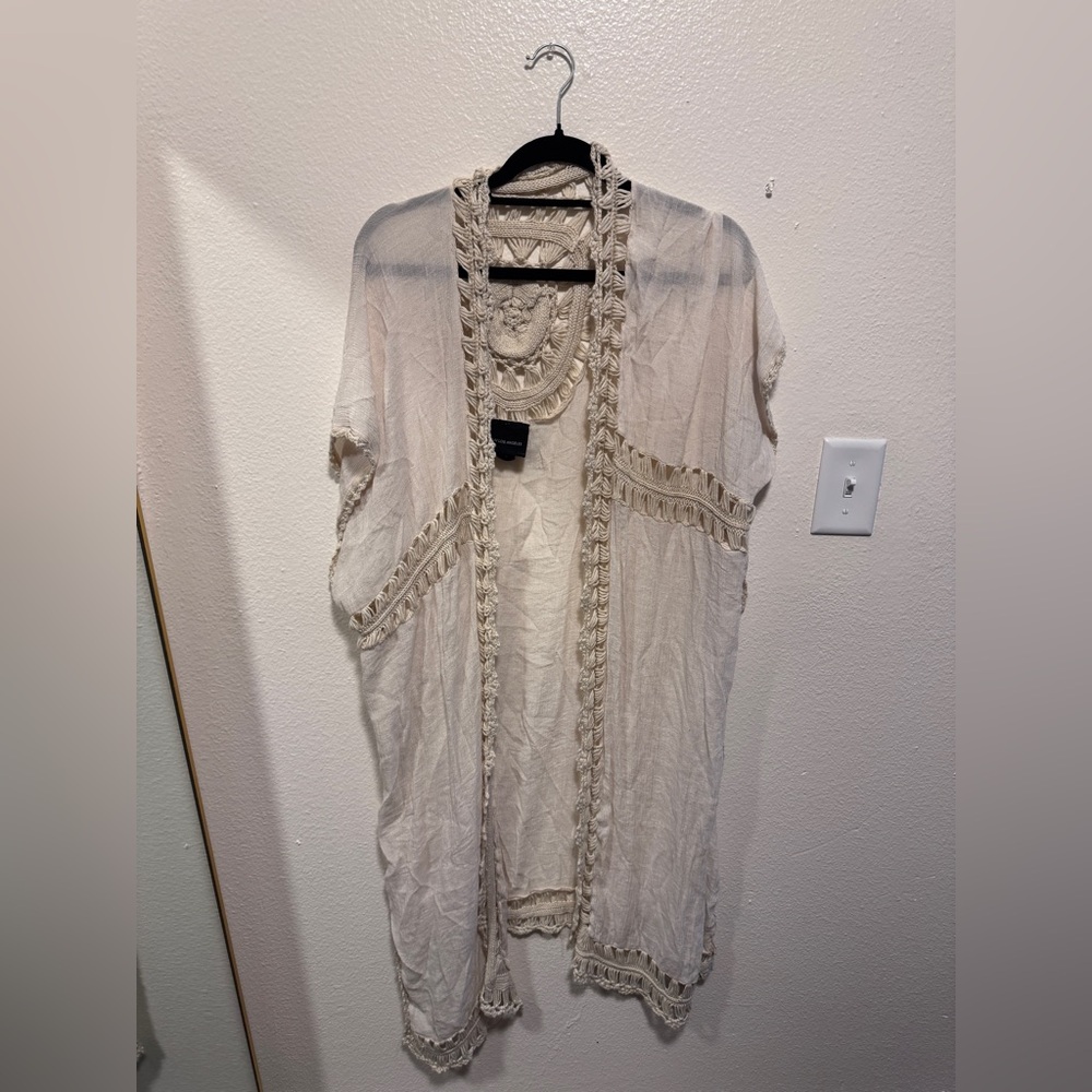 Sheer Open Crochet-Trim Kimono
